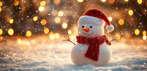 Festive Snowman with Red Scarf and Santa Hat Surrounded by Bokeh Lights