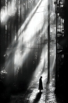 Fototapeta Solitary Figure in a Dark City Alleyway Bathed in Light Beams