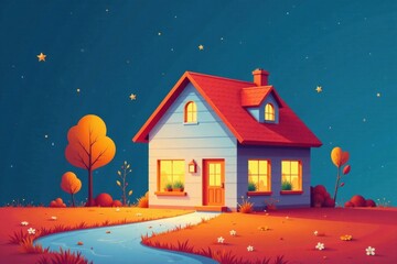 Fototapeta premium Simple illustration of a house with lines connecting rooms and the ground, symbolizing family bond, connection, home, lines