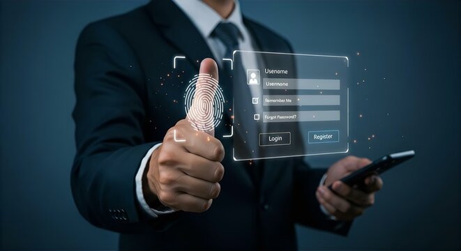 Biometric Authentication: Man Using Fingerprint Scan for Secure Login on Smartphone, Cyber Security, Digital Identity Verification, Technology Concept
