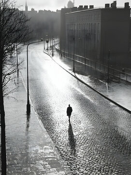 Fototapeta Solitary Figure Walking on a Rain-Soaked City Street