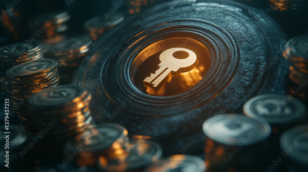 Poster key unlocking the wealth of opportunities, surrounded by gold coins. an image showcasing a golden ke