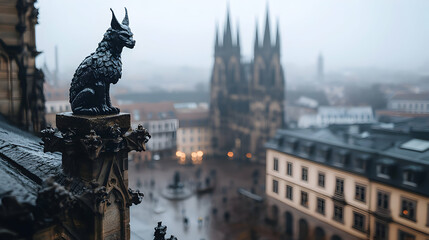 Stone Lynx Gargoyle on a Rooftop Overlooking a Foggy European City