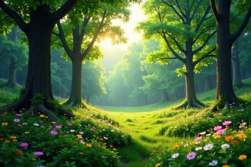 serene landscape of a forest with trees and wildflowers surrounding a peaceful yoga clearing , nature, forest