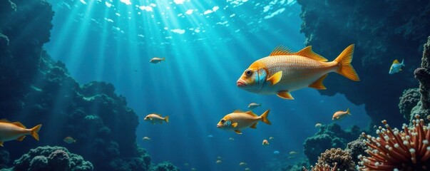 School of fish swimming together in the ocean, fish food, aquatic animals, ocean creatures