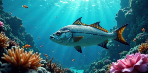 School of fish swimming in ocean, with large flat fish in the center, surrounded by seaweed and coral , aquatic, seafood