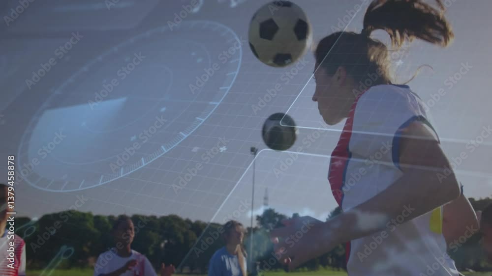 Poster practicing soccer, players using animation and digital data overlay on field