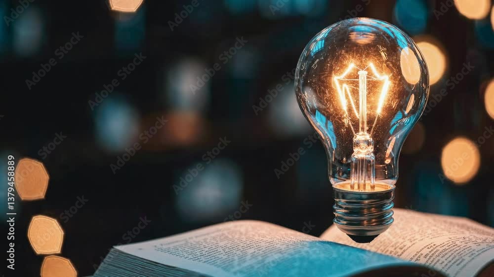 Poster a glowing light bulb on an open book, shot from a low angle. the bokeh background adds a cinematic f