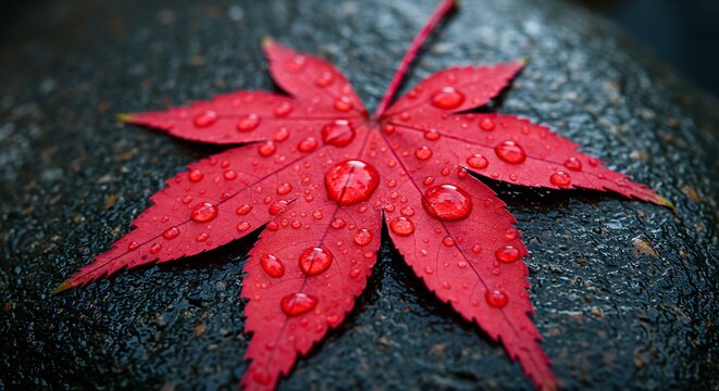 Red Maple Leaf with Water Droplets on a Smooth Dark Stone