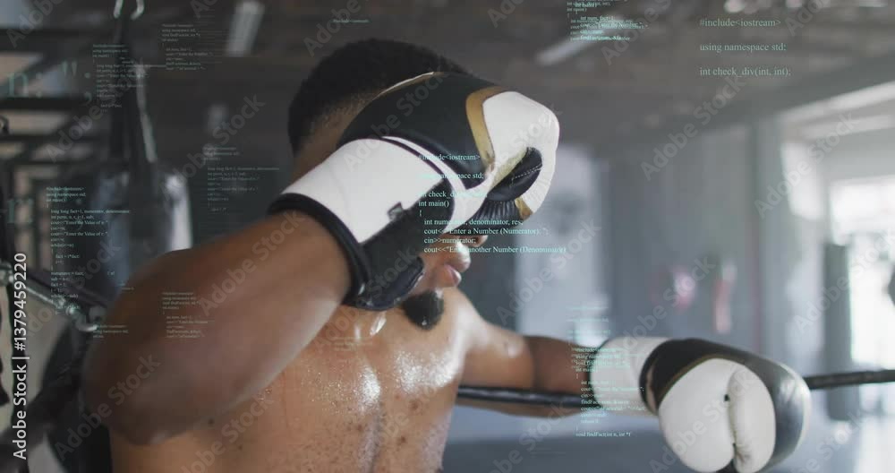 Poster training in boxing gym, animation of code snippets overlaying for strategy