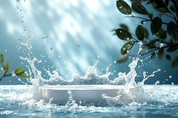 Product podium with splash of water background