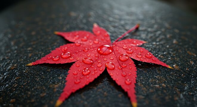 Red Maple Leaf with Water Droplets on Stone Autumn Detail