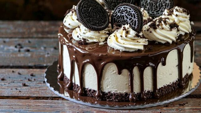 Close-up angle of a chocolate-drizzled cake topped with cookies, styled on a rustic wooden table, perfect for a dessert video theme.
