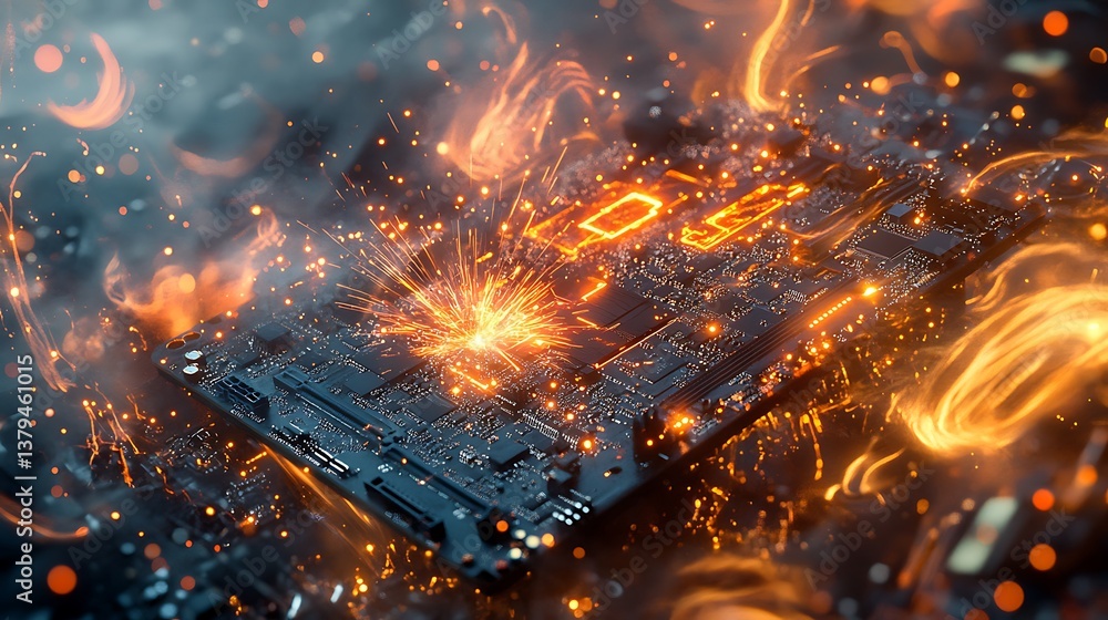 Aufkleber an abstract depiction of a circuit board erupting with fiery sparks and glowing elements set in a mi