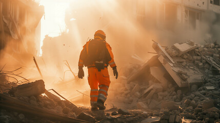 Fototapeta premium Emergency responder walking through debris in dramatic post-disaster urban environment