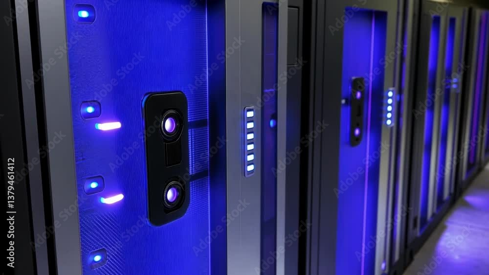 Poster modern server racks glowing with vibrant purple lights in a high tech server room, reinforcing cyber