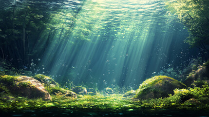 Fototapeta premium Sunbeams illuminate underwater forest scene.