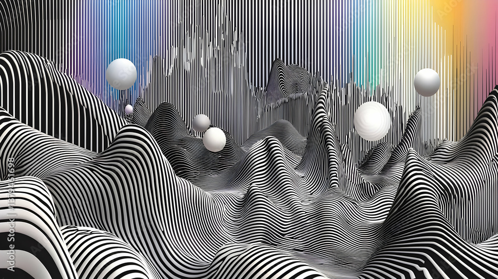 Poster abstract black and white wave pattern with colorful background and spheres