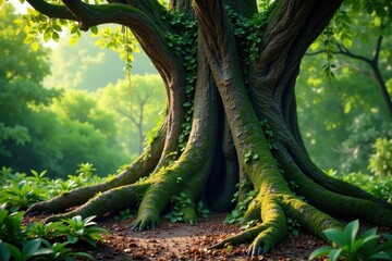 Overgrown, ancient tree trunk with gnarled roots and vines, outdoors, trees, rugged