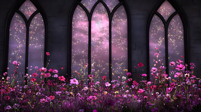 Fototapeta Pink and Purple Cosmos Flowers in a Gothic Garden at Night with Sparkling Stars