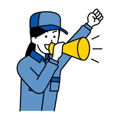 メガホンで応援するつなぎ作業服の女性