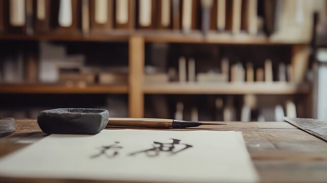 A close-up view of an artist's workstation featuring traditional calligraphy tools on a wooden table, with soft natural lighting and a blurred background filled with artistic supplies