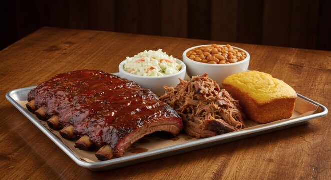Gourmet BBQ platter ribs, pulled pork, coleslaw, baked beans, cornbread, rustic wooden table.