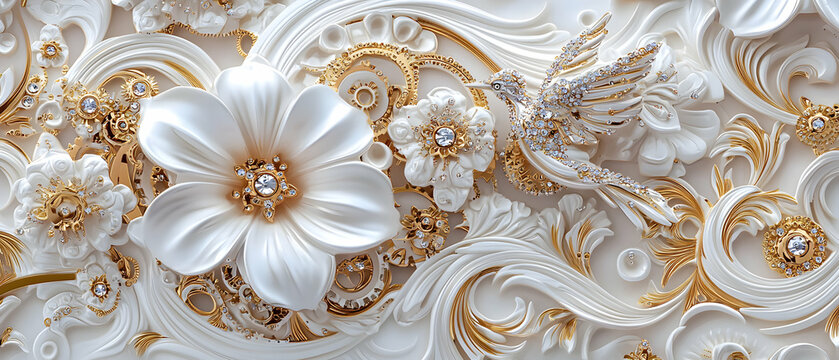 Fototapeta White and Gold Ornate Floral Design with Intricate Details