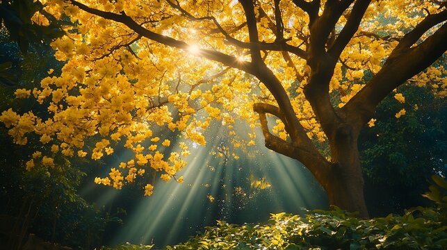 Sunbeams illuminate a vibrant yellow tree in a lush forest.