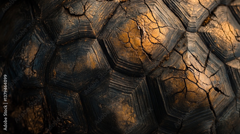 Poster close-up of a cracked and textured tortoise shell, showing intricate patterns and details.