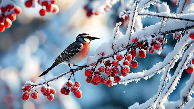 Bird perched on branch covered in snow. A rowan bullfinch in the snow. Blurry light glare on a dark background. A bird rested on a snow-covered lifestyle branch.