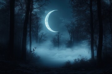 Eerie Moonlit Forest Night Surreal Landscape with Dark Leafless Trees and Fog