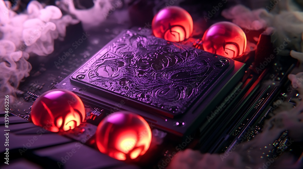 Poster abstract close-up image of a computer microchip surrounded by glowing pink spheres and ethereal smok