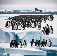 Penguins gathered in a tight group, their bodies huddled for warmth, as a blizzard rages around them. Generative AI
