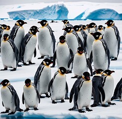 Obraz premium Penguins gathered in a tight group, their bodies huddled for warmth, as a blizzard rages around them. Generative AI
