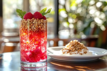 Refreshing Raspberry Granola Parfait in Glass with Yogurt Plate Dessert