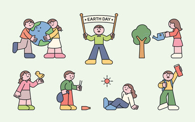 Cute flat style illustrations of children celebrating Earth Day, protecting nature, planting trees, recycling, and enjoying the outdoors. Eco-friendly concept.
