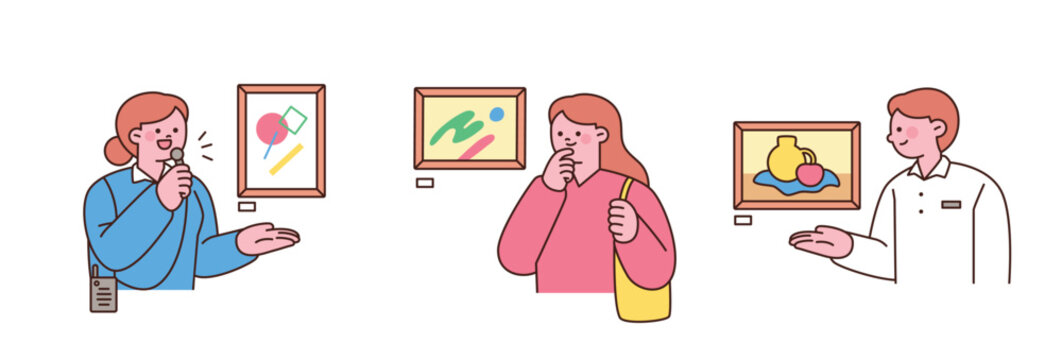 Flat style illustrations of people visiting an art gallery, appreciating paintings, and explaining artworks. Perfect for culture, museum, and education themes.