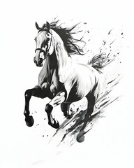 A grayscale artistic depiction of a galloping elegant horse