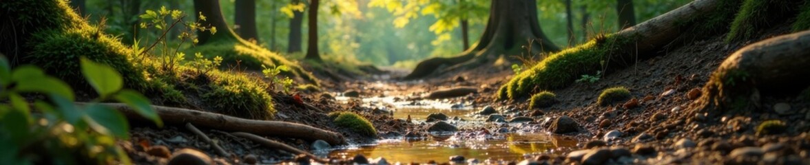 Muddy forest floor with roots and fallen branches , grunge, decay, nature