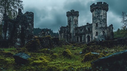 Overgrown castle ruins under a stormy sky.