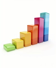 A vibrant 3D bar graph with glossy, colorful bars arranged in ascending order, symbolizing growth, progress, and data visualization on a clean white background.