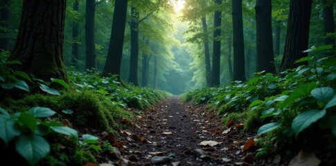 Fototapeta premium Moody forest floor with dark wood planks and foliage, moss, leaves, natural