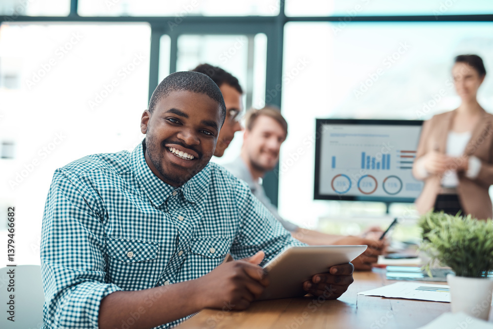 Poster happy, businessman and portrait in meeting with tablet by website design company for brand identity.