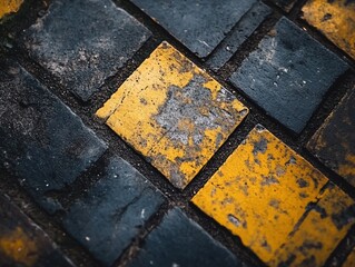 Close-up of aged yellow and dark gray pavement stones.