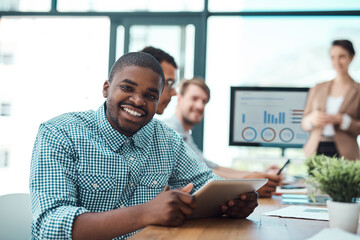 Happy, businessman and portrait in meeting with tablet by website design company for brand...