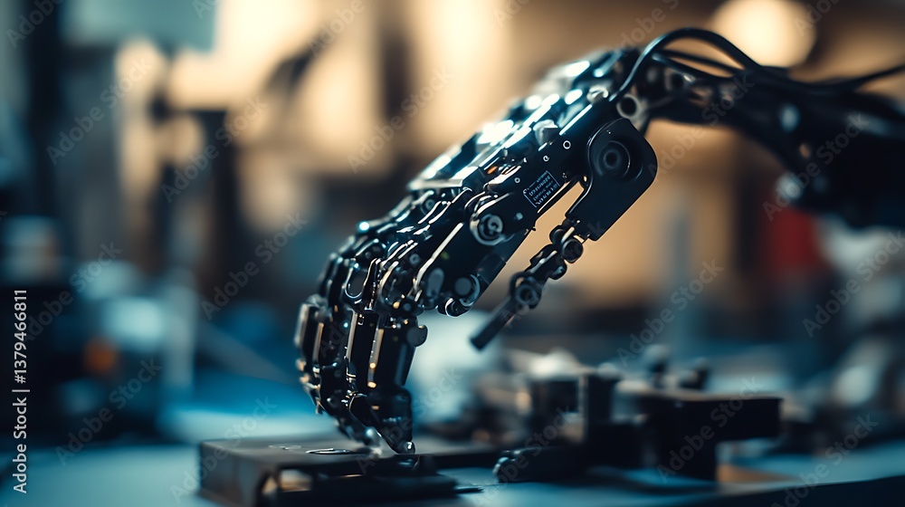 Poster close-up of a futuristic robotic hand interacting with various technological components in a worksho