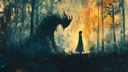 A young girl confronts a dark shadowy creature in a forest