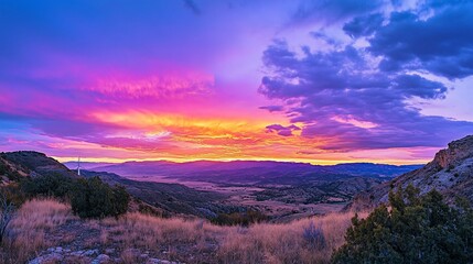 Obraz premium Vibrant sunset over a vast valley and mountain range, showcasing dramatic colorful clouds.