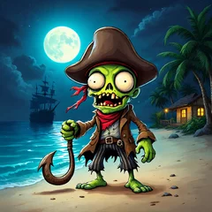 Poster Cartoon Zombie Pirate with Hook on Beach in Moonlight Fantasy Scene.
